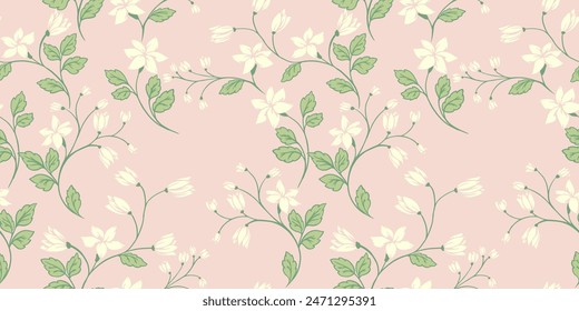 Pastel printing with wild floral stems.  Abstract artistic shapes branches with flowers, buds, leaves intertwined in a seamless pattern. Vector hand drawing. Ornament or design, fabric, textiles