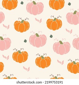 Pastel pumpkin seamless pattern  hand drawing pink   orange pumpkin cream color background  vector illustration  Cute pumpkins hand drawn background  great for seasonal textile prints