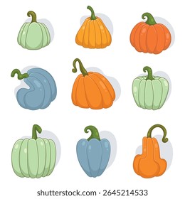 Pastel Pumpkin Set in Cartoon Hand Drawn Style. Decorative harvest vegetables isolated on cream background, perfect for farm, autumn, Thanksgiving designs invitations, cards, posters, patterns