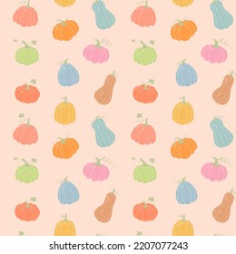 Pastel pumpkins seamless pattern. Cute autumn background for Halloween, Harvest festival, Thanksgiving Day and other.