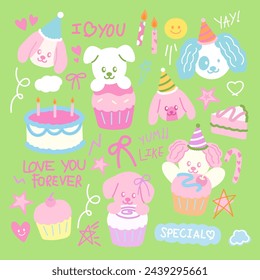 Pastel puppies with cakes and cupcakes for birthday card, party icons, logo, dogs, pet, pet shop, vet, pet food, animal sticker, cartoon character, plush toy, doll, cute patches, sweet dessert, cafe