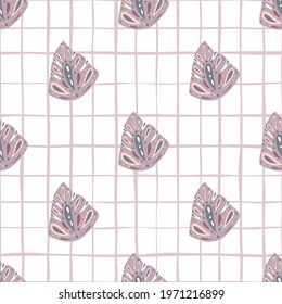 Pastel purple abstract monstera elements seamless doodle pattern. White chequered background. Geometric style. Designed for fabric design, textile print, wrapping, cover. Vector illustration.