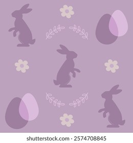 Pastel purple background with repeating silhouettes of rabbits, eggs, and flowers in light lavender and cream tones. Ideal for Easter themed designs, crafts, and decorations. Vector art