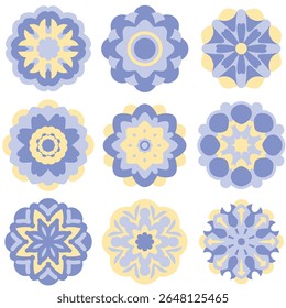 Pastel Purple Blue flower mandala. Colorful Spring Flowers Vector Illustration. Daisy chamomile, daffodil, sun flower, chrysanthemum gerbera. Growing concept. Fresh blooming elements. Flat design.
