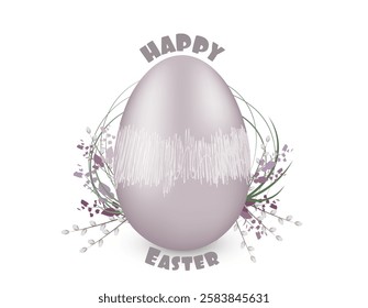 Pastel purple Easter egg with decorated with pussy willow and lavender. 'Happy Easter' text in a stylish font. Minimalist and festive design, perfect for greeting cards and seasonal decor