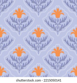 Diseño de patrones florales púrpura pastoral para papelería, papel pintado y envoltura. Flores naranjas sobre un patrón vectorial morado sin costuras.