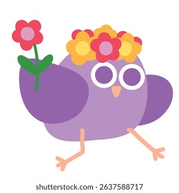 Pastel purple flower girl bird wearing red and yellow flower crown while holding bouquet. Happy cartoon bird jumping around. Wedding, bridal, celebration, nostalgia themed stickers. Vector, EPS 10.