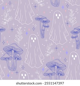 Pastel Purple Ghosts and Mushrooms Seamless Pattern. Cute Hand-Drawn Vector Design background