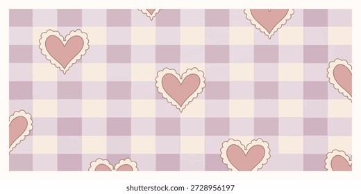 Pastel Purple Gingham Pattern with Scalloped Hearts