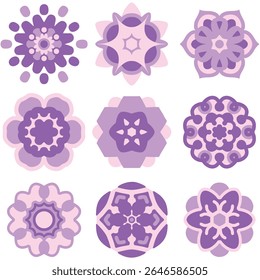 Coleção de mandala roxo pastel. Flores florais em sonho núcleo estético, lilás roxo e chiclete suave rosa. Formas simétricas e linhas em negrito, conjunto floral abstrato. Ilustração vetorial, EPS 10.