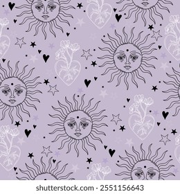 Pastel Purple Modern Tattoo Style Seamless Pattern with Suns, Hearts, and Stars. Vector background