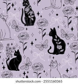 Pastel Purple Modern Tattoo Style Seamless Pattern with Black Cats, Butterflies, Flowers, and Bows. Vector background