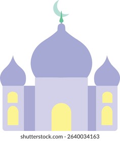 Pastel purple mosque with crescent moon dome, ideal for Islamic holiday decor, Eid al-Fitr design, or Muslim celebration content.