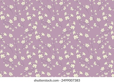 Pastel purple pattern with abstract artistic branches with tiny flowers, small buds. Gentle wild florals stems seamless print on a light violet background. Vector hand drawing sketch. Simple ornament 