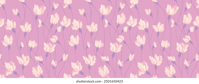 Pastellviolettes Muster mit kreativen verflochtenen Blumenstielen. Abstrakte Zweige mit winzigen Blütenknospen, nahtloser Druck auf violettem Hintergrund. Vektorhandzeichnung. Einfaches Ornament für Designs, Textilien