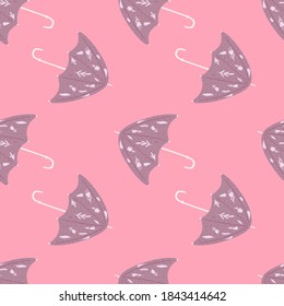 Patrón púrpura pastoral sin soldadura con siluetas de paraguas de doodle. Fondo rosa. Diseñado para el diseño de tejidos, impresión textil, envoltura, cubierta. Ilustración vectorial.