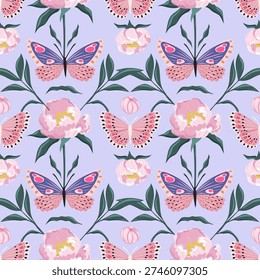 Pastel Purple Seamless Vector Floral Pattern with Peonies, Butterflies, and Moths. Cute Modern Spring Background for Invitation, Fabric, Wallpaper