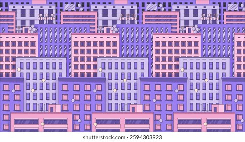 Pastel purple urban cityscape buildings lofi wallpaper. City life. Highrise apartments. Nostalgic residential metropolis 2D cartoon flat illustration. Vector art image lo fi aesthetic color background