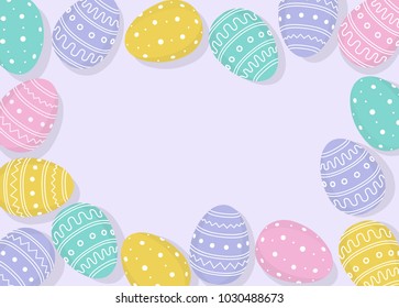 Pastel purple vector frame background with colorful Easter eggs.
