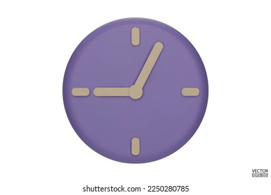 Pastel purple watch isolated on white background. 3D Round clock icon. Cartoon minimal style.Time-keeping, measurement of time, and time management. Clock icon logo, app UI. 3D Vector illustration.