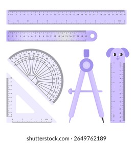 Pastel purple-themed stationery vector set with rulers, protractor, compass, and cartoon elements. Designed for school and education visuals.