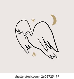 Pastel quite palette minimalistic line art dove bird modern contemporary interior abstraction or flying pigeon linear tiny painting drawing. Scandinavian vector illustration. Good for greeting card