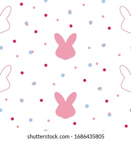 Pastel rabbit, bunny heads and dots on white background. Perfect for easter decoration and baby textile designs. 