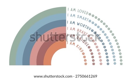 Pastel Rainbow Affirmations. I Am Loved, Smart, Worthy, Brave, Unique, Kind Inspirational Positive Mindset Vector Illustration