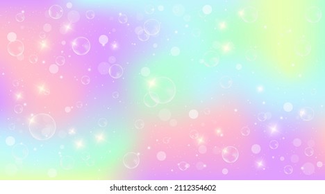 Fondo arcoiris pastel con burbujas de jabón. Patrón de unicornio de neón de fantasía. Un cielo luminoso multicolor con estrellas. Ilustración del vector