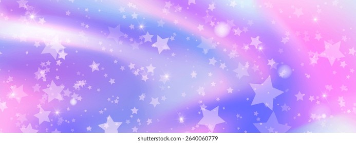 Pastel rainbow bg with floating glitter stars in pink, purple and blue gradient. Dreamy sparkle on magical swirl pattern with soft light bokeh. Fantasy wallpaper for unicorn themes or kawaii designs.