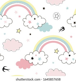 Pastel rainbow cloud star seamless vector pattern. Cartoon magical sky with birds background for kids. Unicorn fairy design for fabric paper surface print.