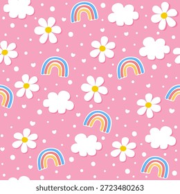 Pastel Rainbow Clouds and Daisies on Pink
