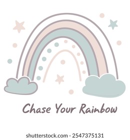 Arco iris pastel, nubes y estrellas Diseño de Vector