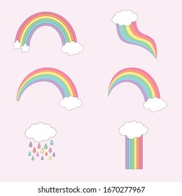 Pastel rainbow collection isolated on white background with different shaped rainbow set, cloud. Kids cute happy cartoon for baby clothes, nursery art, sticker, print, pop art, fabric, wrapping.