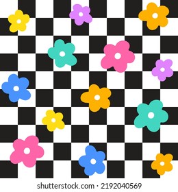 Pastel Rainbow Color Daisy Flower Black Check Checkered Plaid Gingham Pattern Illustration Tablecloth, Picnic mat wrap paper, Mat, Fabric, Textile, Scarf