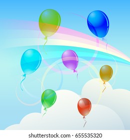 Pastel rainbow and colorful balloons on the background of the summer sky with clouds.
