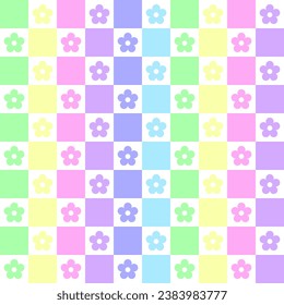 Pastel rainbow colors and flowers in a checkered pattern design for assembling tablecloths, wrapping paper, picnic mats, mats, cloth, textiles, scarves.