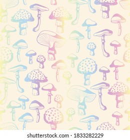 Pastel Rainbow Colors Mushrooms Vector Seamless Pattern