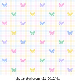 Pastel Rainbow Cute Beautiful Butterfly Scott Plaid Tartan Checkered Gingham Pattern Square Background Vector Cartoon Illustration Tablecloth, Picnic mat wrap paper, Mat, Fabric, Textile, Scarf.