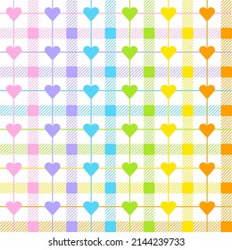 Pastel Rainbow Cute Heart Love Caring Line Scott Checkered Plaid Tartan Gingham Pattern Square Background Vector Cartoon Illustration Tablecloth, Picnic mat wrap paper, Mat, Fabric, Textile, Scarf