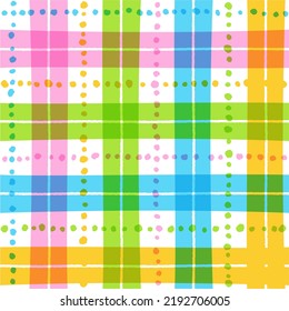 Pastel Rainbow Cute Line Stripe Striped Dash Line Dot Plaid Checkered Scott Tartan Gingham Bright Color Colorful Summer Cartoon Vector Seamless Pattern Textile Fabric Print Background