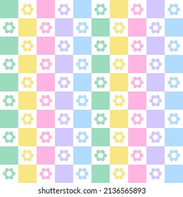 Pastel Rainbow Daisy Flower Check Checkered Gingham Pattern Illustration Tablecloth, Picnic mat wrap paper, Mat, Fabric, Textile, Scarf