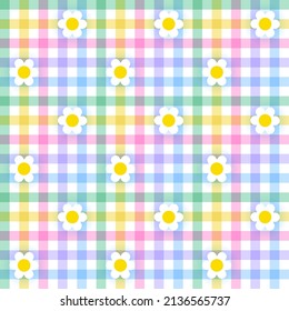 Pastel Rainbow Daisy Flower Scott Plaid Tartan Checkered Gingham Pattern Illustration Tablecloth, Picnic Mat, Mat, Tejido, Textil, Scarf