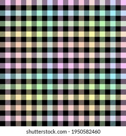 Pastel rainbow gingham in black background. Seamless vector plaid pattern. Suitable for fashion, interiors and branding.