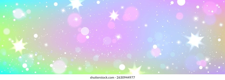 Pastel rainbow gradient background with white heart glitter, bokeh lights and sparkles. Dreamy magical shimmering fairy tale backdrop for fantasy designs, girly party invitations, unicorn themed decor