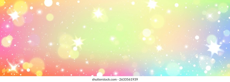 Pastel rainbow gradient background with white heart glitter, bokeh lights and sparkles. Dreamy magical shimmering fairy tale backdrop for fantasy designs, girly party invitations, unicorn themed decor