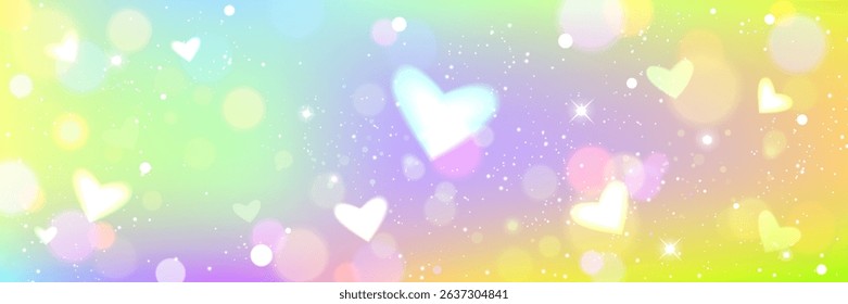 Pastel rainbow gradient background with white heart glitter, bokeh lights and sparkles. Dreamy magical shimmering fairy tale backdrop for fantasy designs, girly party invitations, unicorn themed decor