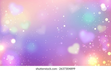 Pastel rainbow gradient background with white glitter, bokeh lights and sparkles. Dreamy magical shimmering fairy tale backdrop for fantasy designs, girly party invitations, unicorn themed decor.