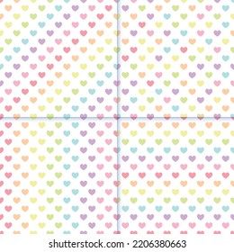pastellfarbenes Regenbogenherz nahtloses Muster in gestreifter, diagonaler und zufälliger Anordnung, Vektorgrafik