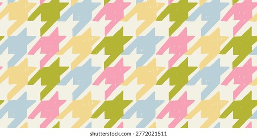 Pastel Rainbow Houndstooth Seamless Pattern, Hand Drawn Vector Background, Colorful Geometric Textile Design
